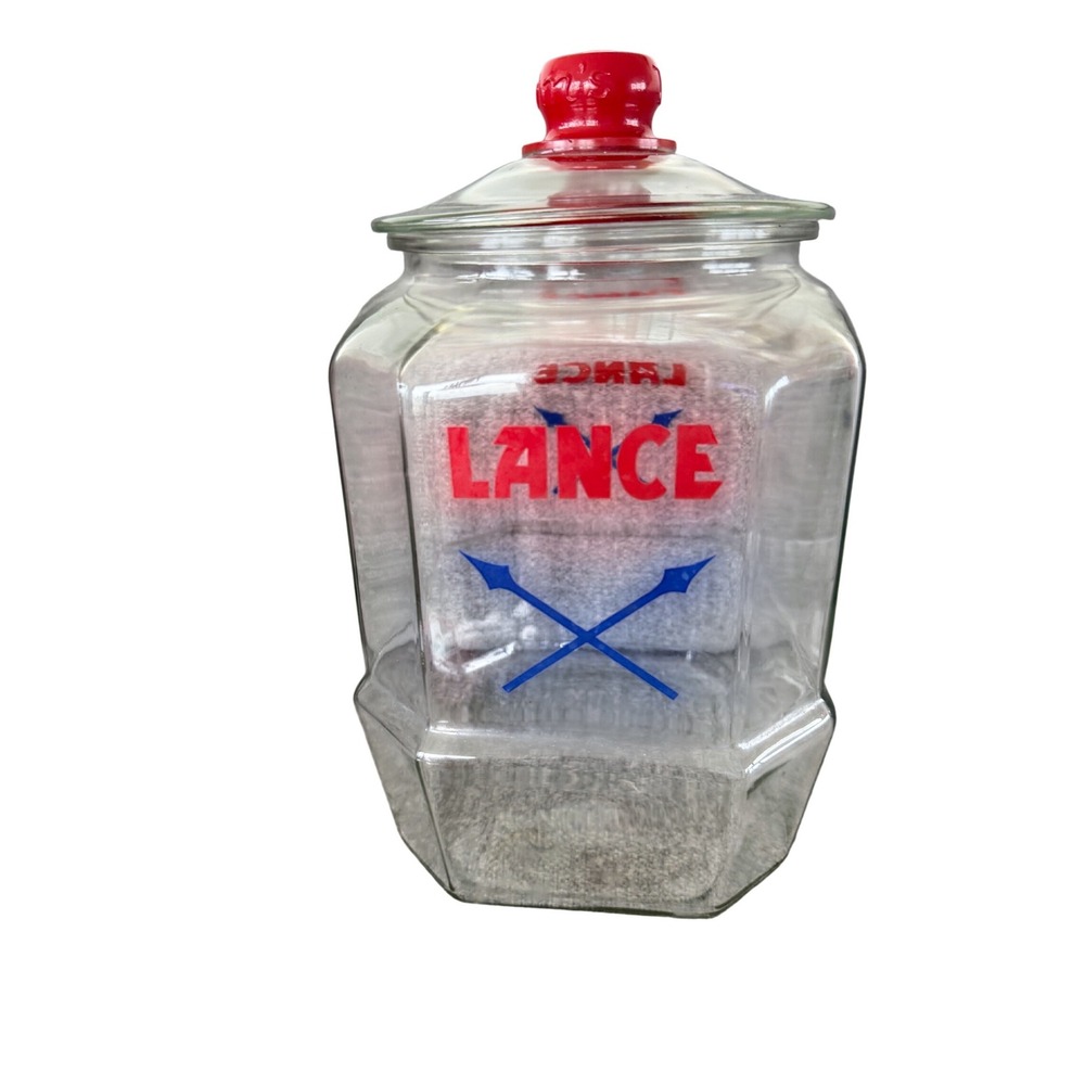 Vintage Lance Glass Cracker Cookie Jar Hexagonal Red Logo Blue Arrows Lid 12.5in - Picture 3 of 8